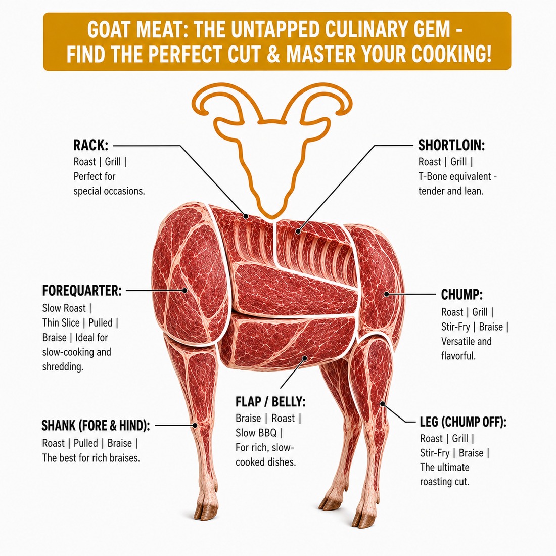Diagram of goat carcass cuts: rack, shortloin, forequarter, chump, flap or belly, leg and shank, with suggested cooking methods for each.