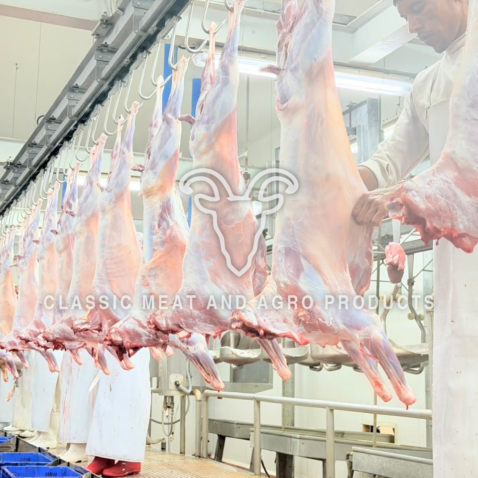 Dressed goat carcasses hanging on the overhead rail, with a worker in a white coat handling one.